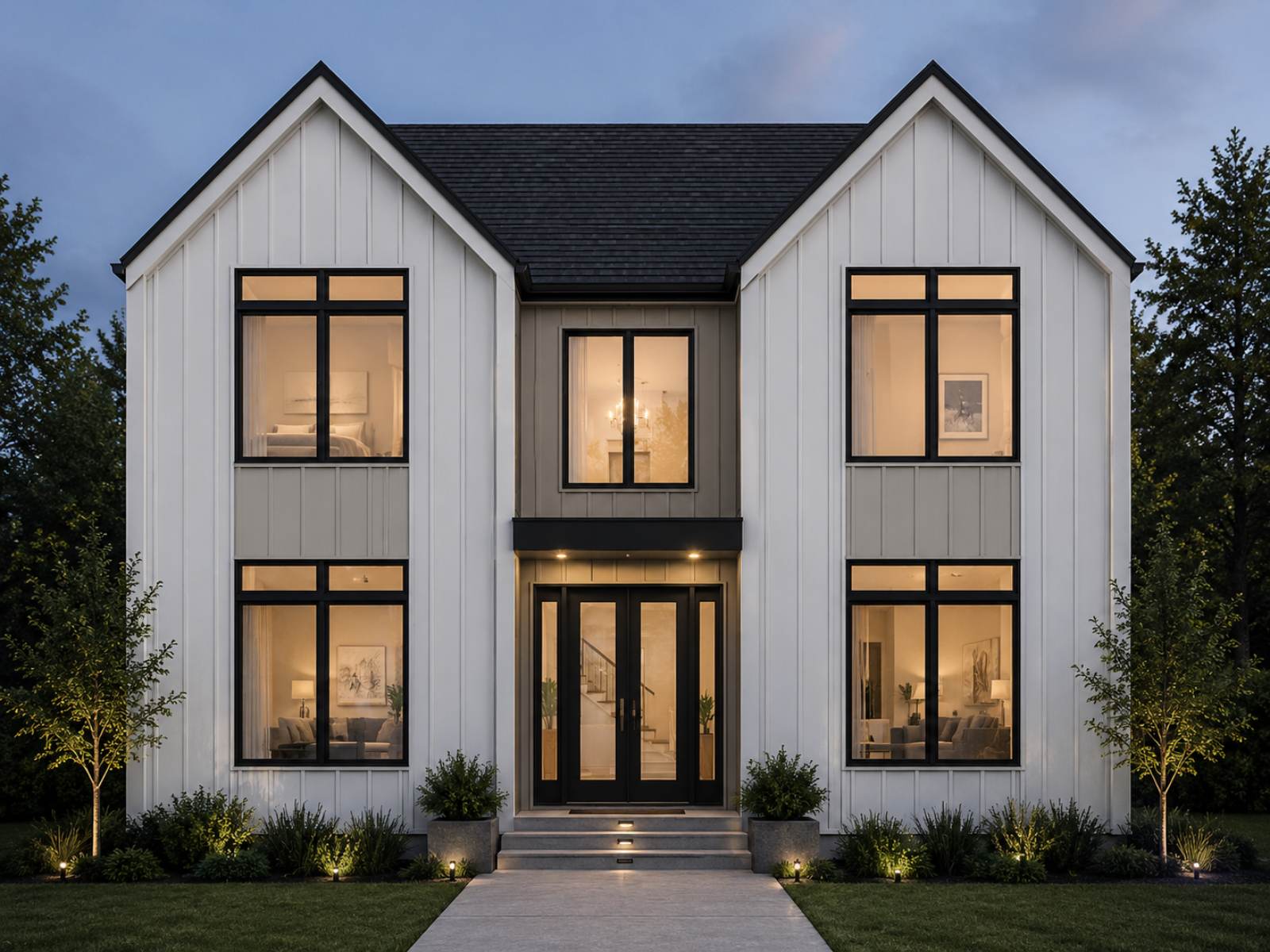 Modern two-story white house with black window frames and warm interior lights at dusk. Terra Construction Group.