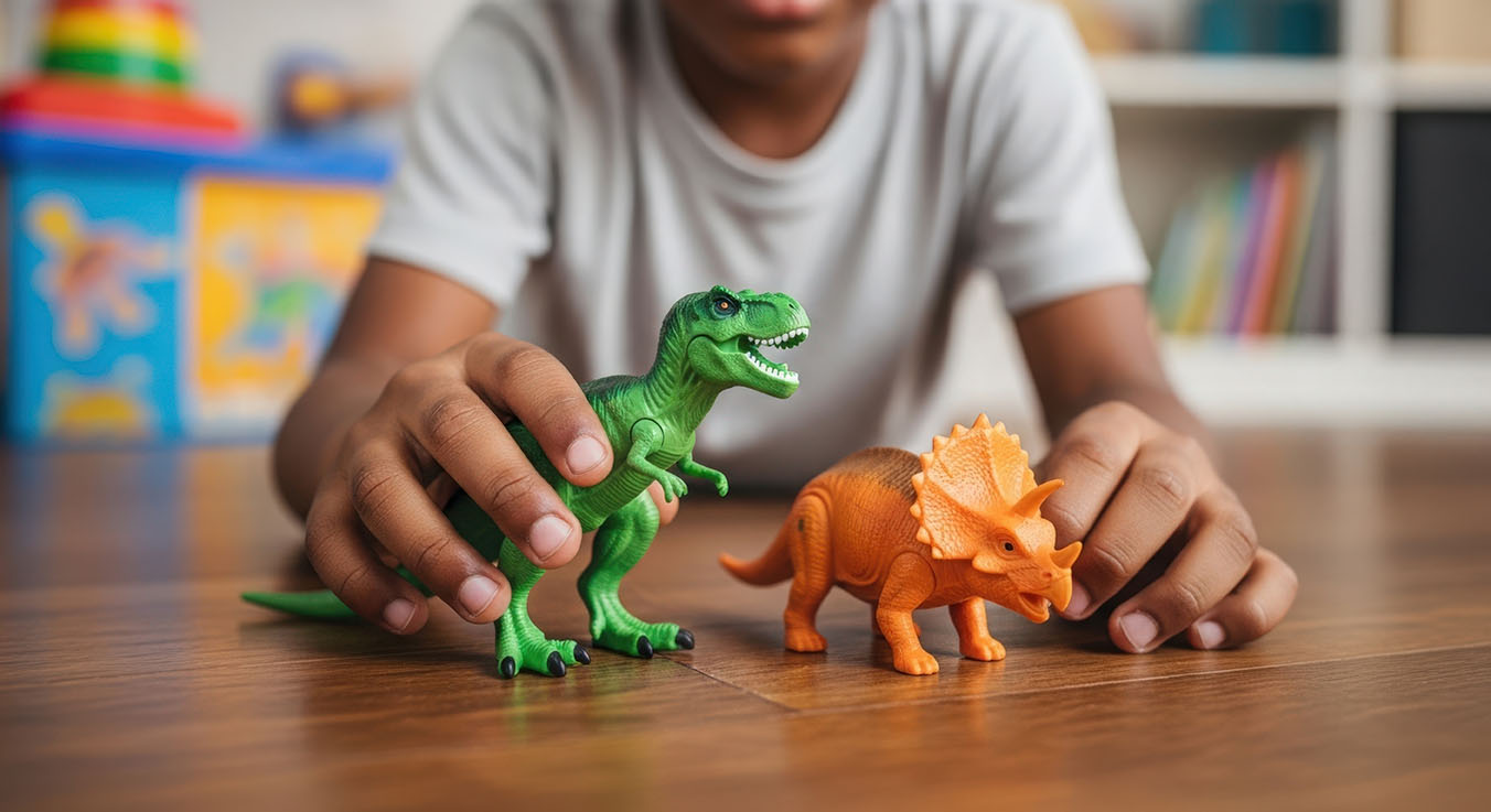 Close up of young boy holding a green t-rex and orange triceratops on a wooden floor 