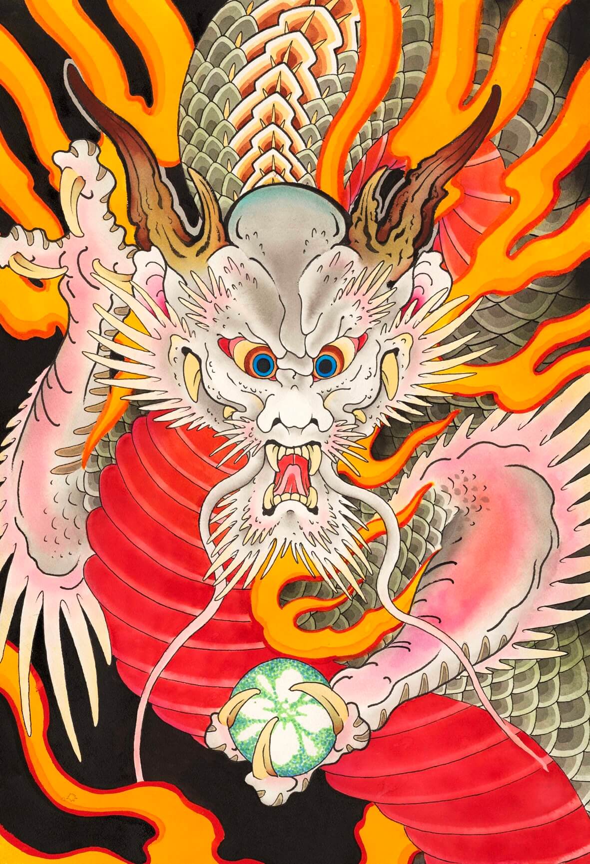 Colorful traditional dragon with blue eyes, holding a glowing orb surrounded by orange flames.