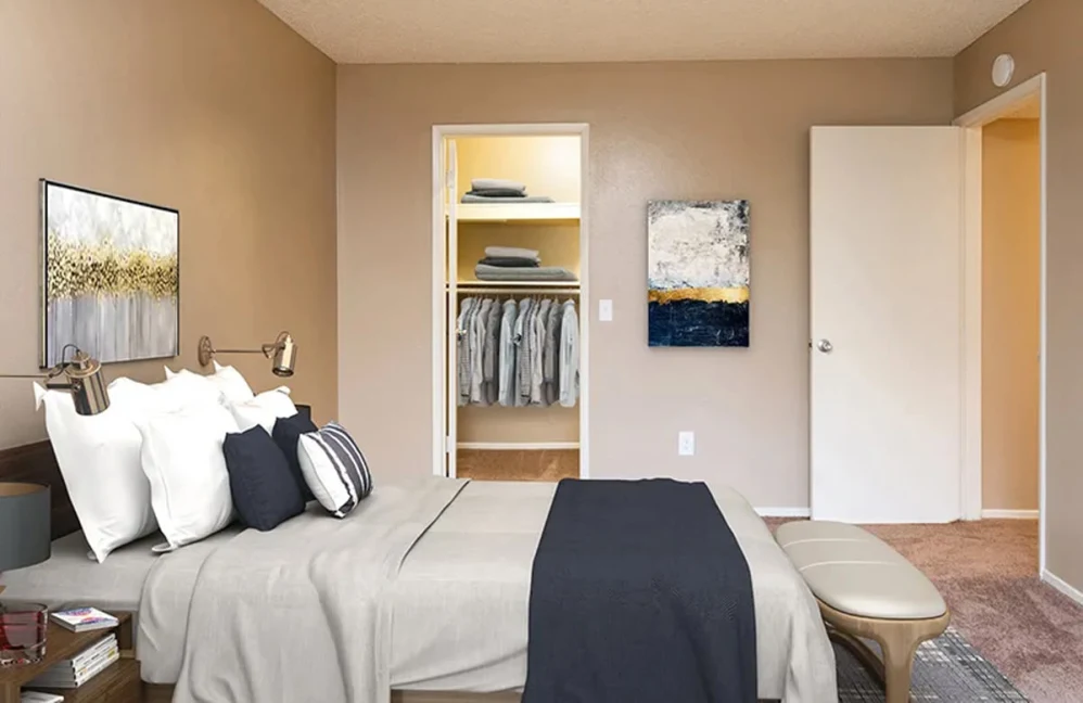 Bedroom with staged furniture