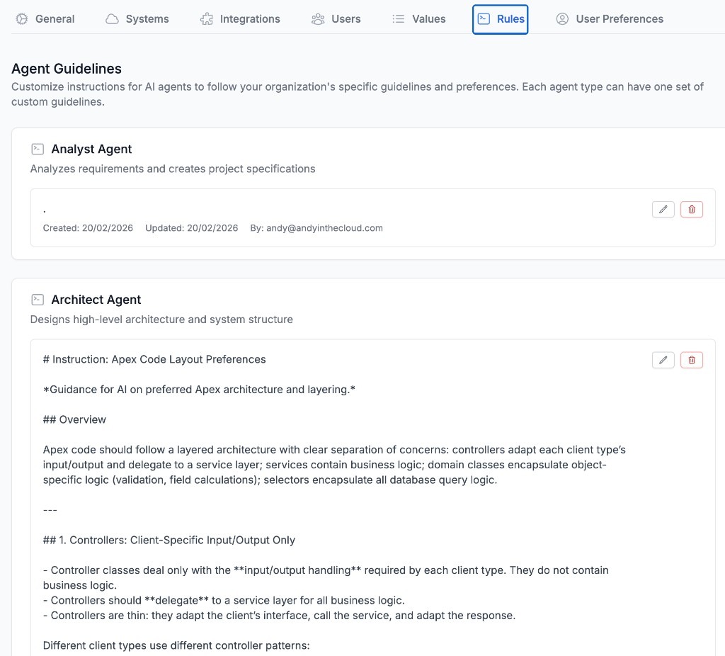Tribal Agent Guidelines - Rules tab showing Architect Agent with Apex layout preferences
