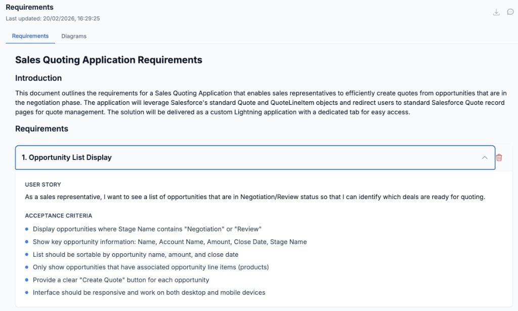 Sales Quoting Application Requirements - Opportunity List Display user story