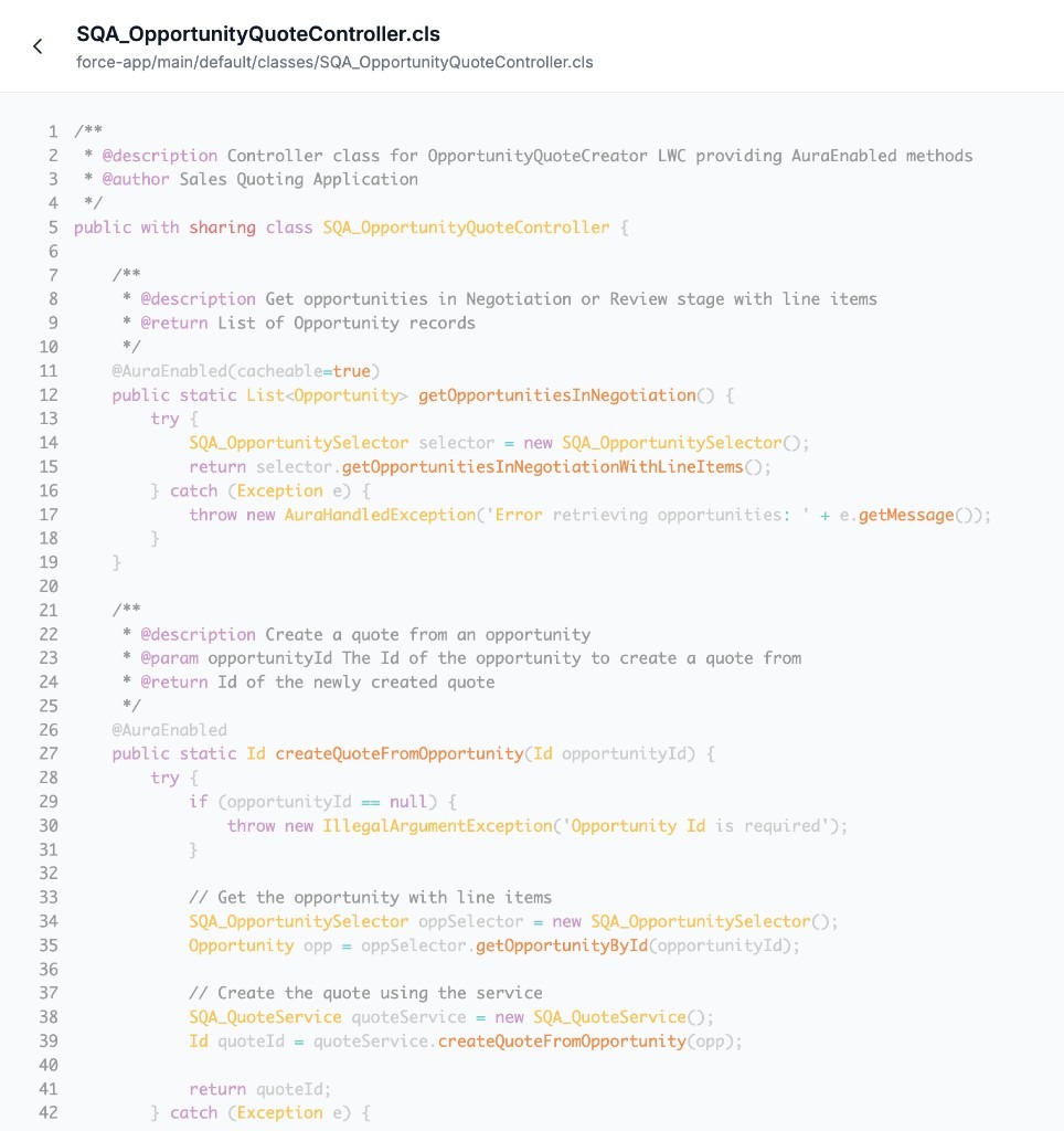 SQA_OpportunityQuoteController - delegates to selector and service