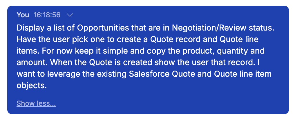 Tribal prompt - Display Opportunities in Negotiation/Review, user picks one to create Quote and QuoteLineItems