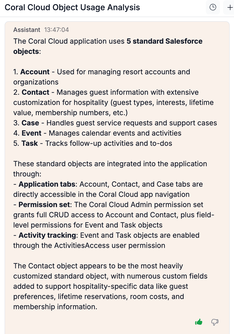 Coral Cloud Object Usage Analysis - assistant response on standard objects
