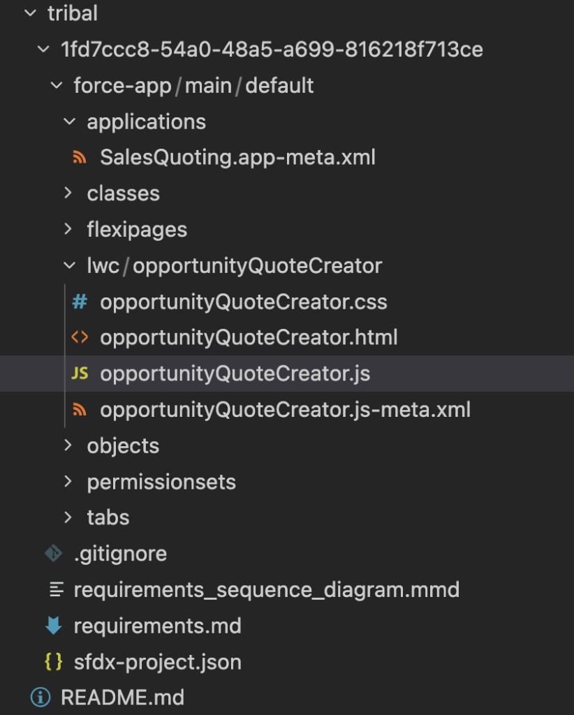 Tribal project structure - tribal/force-app/main/default with opportunityQuoteCreator LWC