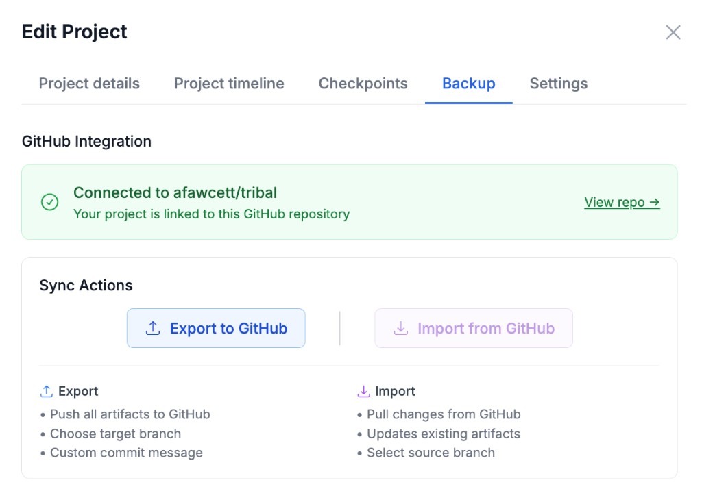 Tribal Edit Project Backup - Connected to GitHub with Export and Import actions