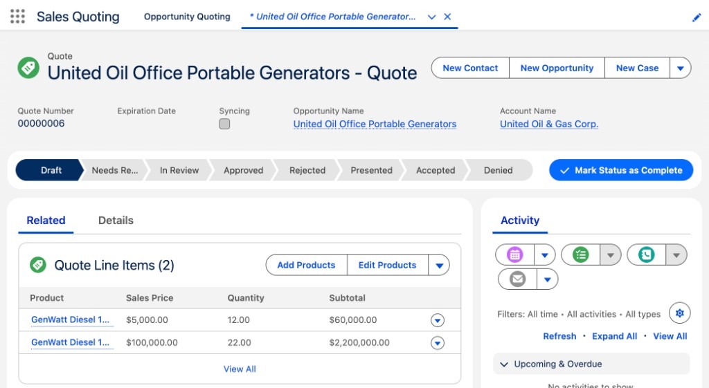 Quote record detail page - United Oil Office Portable Generators with Quote Line Items