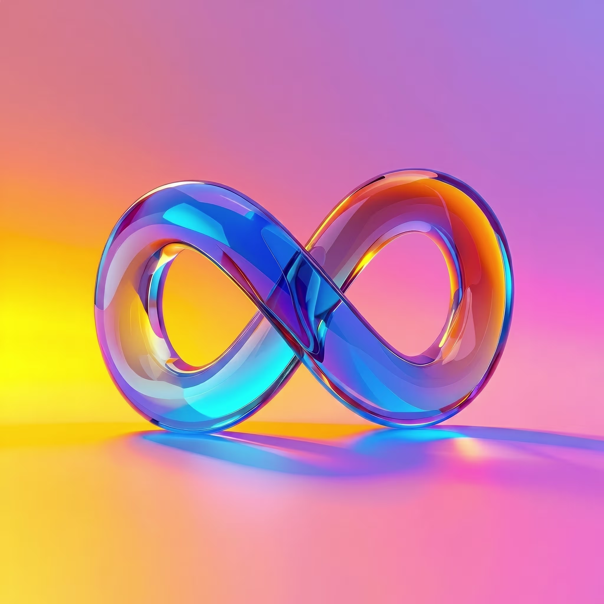 Blue and orange glass infinity symbol on a smooth gradient background of pink and yellow.