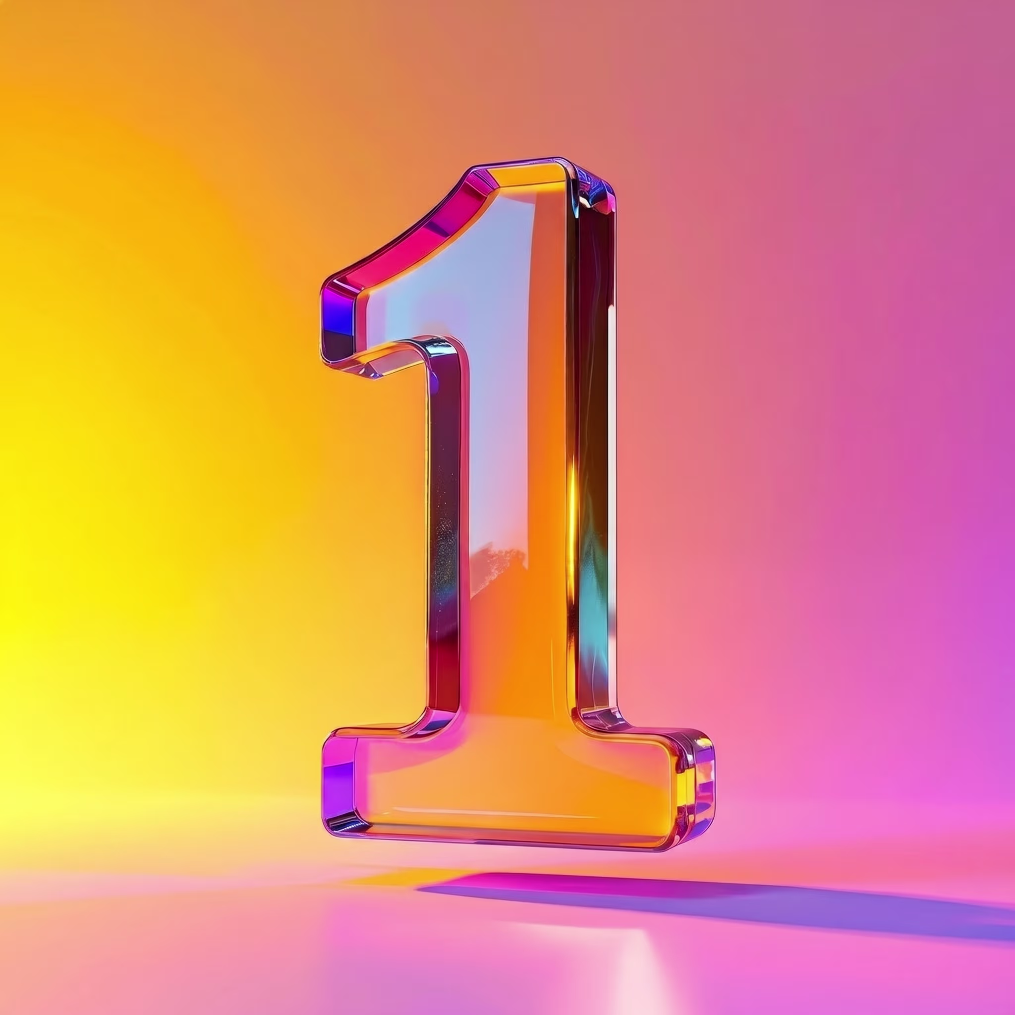 Translucent 3D number one with colorful reflections on a gradient yellow to pink background.