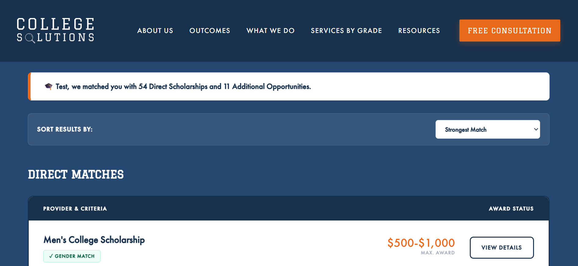 College Solutions scholarship search tool results