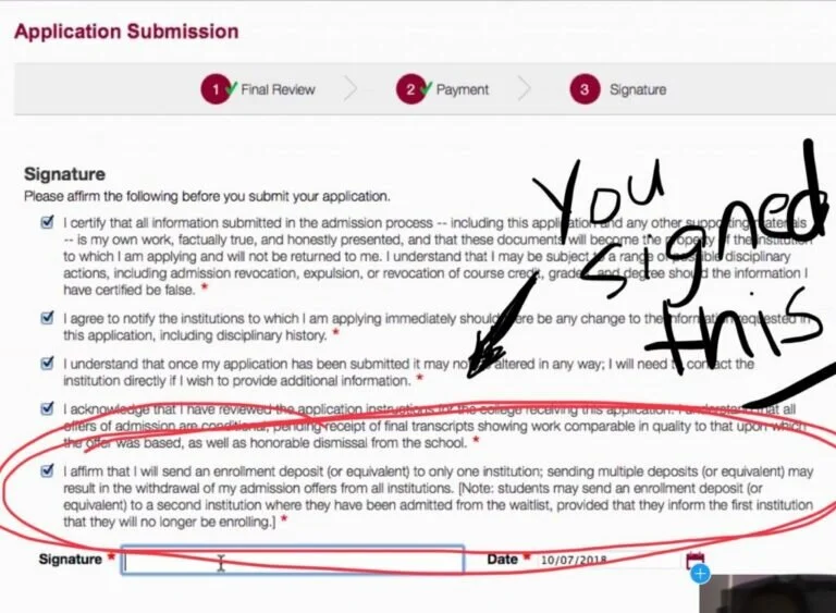Double depositing is a no no college admissions policy