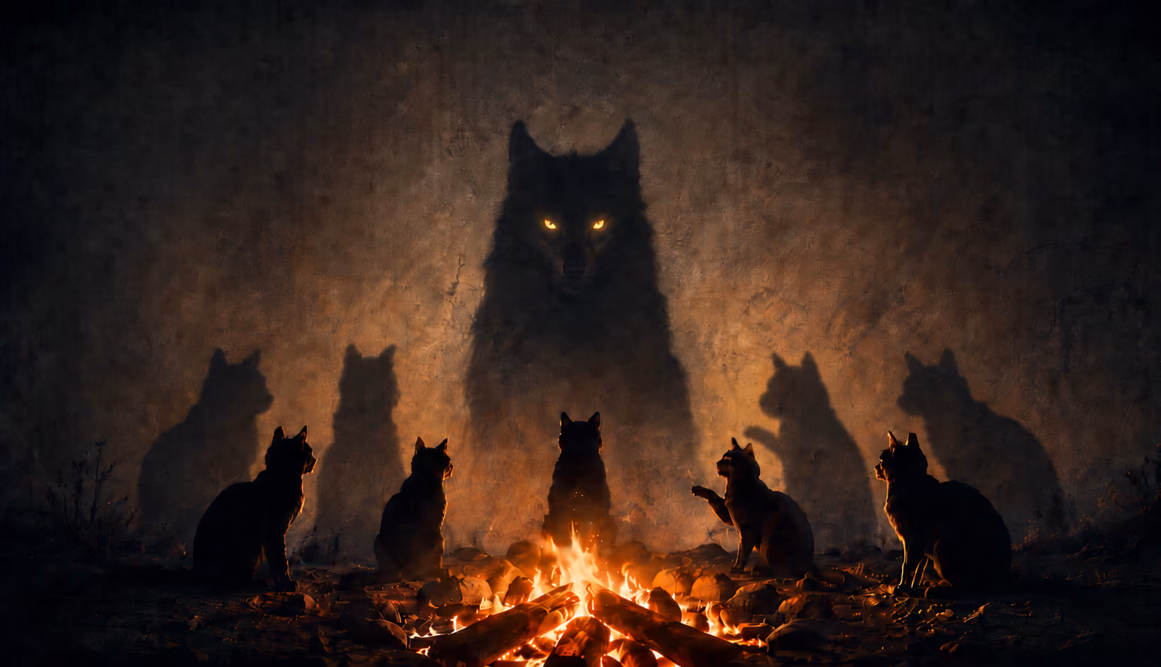 Des Minous assis autour d'un feu de camp. L'ombre de l'un d'eux révèle un Loup menaçant.