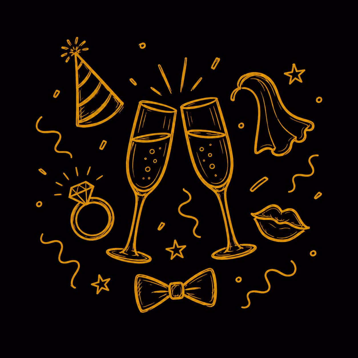 Deux coupes de champagne et d'autres éléments évoquant un EVG ou un EVJF