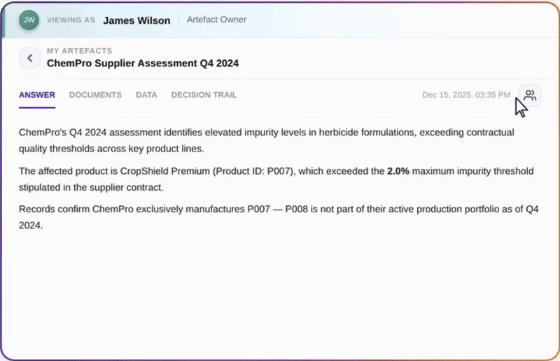 User sharing an AI generated Artifact with a reviewer for review.