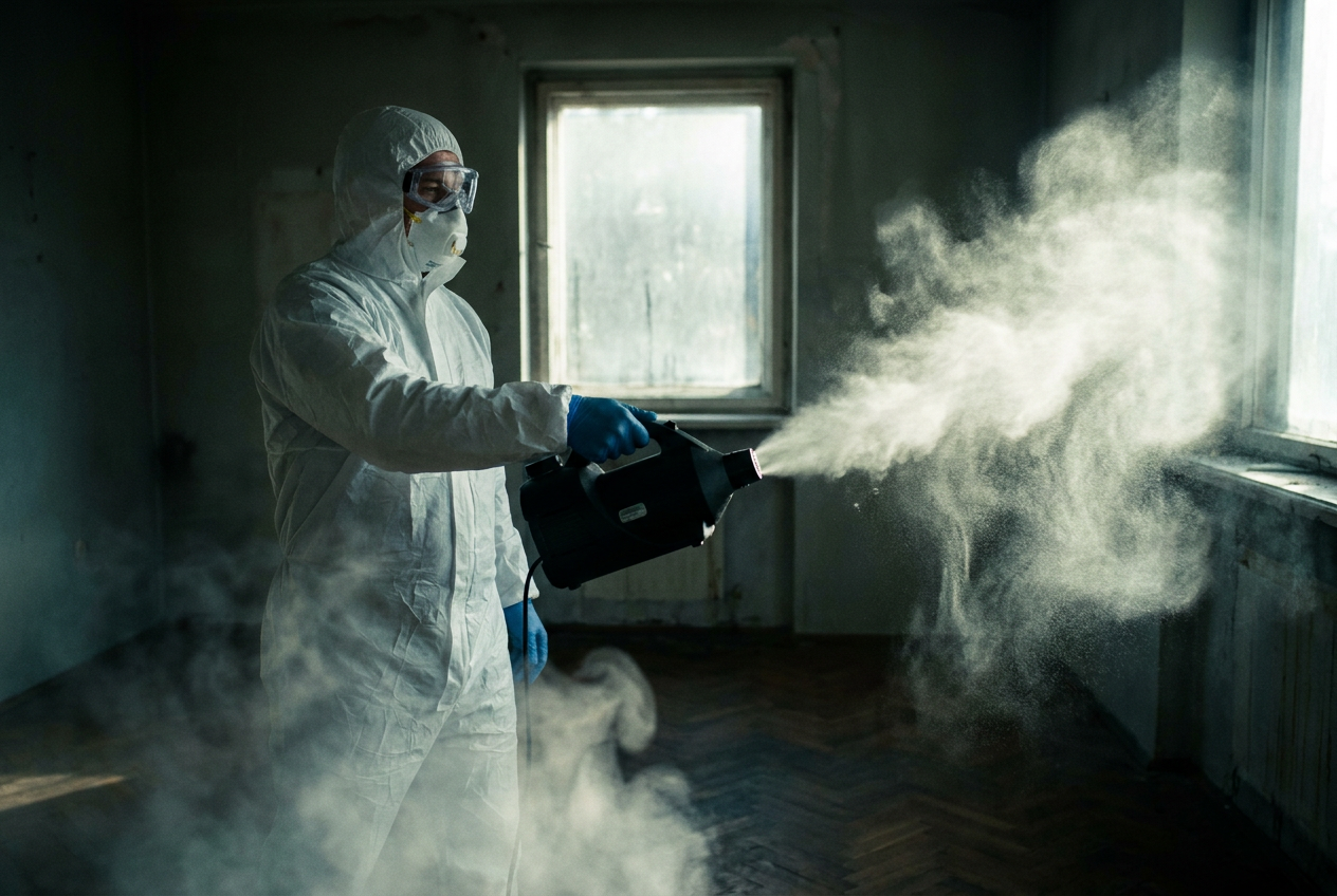 Technicien Certibiocide en tenue de protection complète lors d'un traitement désinsectisation Hérault