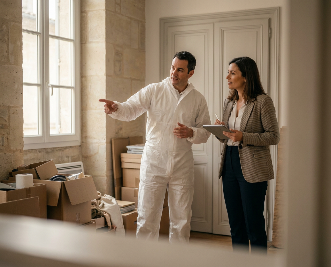 Technicien PropNet34 et cliente lors d'une consultation débarras logement Hérault