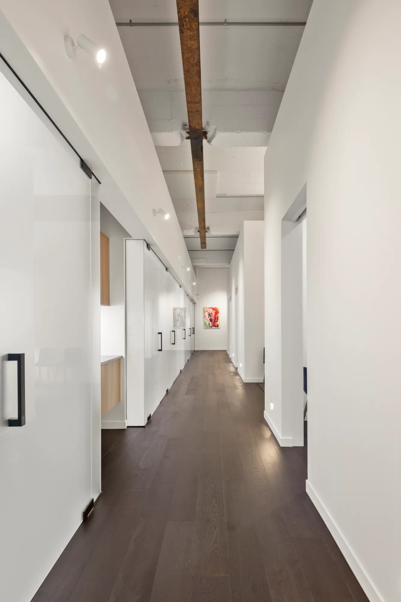 Modern office corridor with contemporary finishes in a commercial construction project in Brisbane.