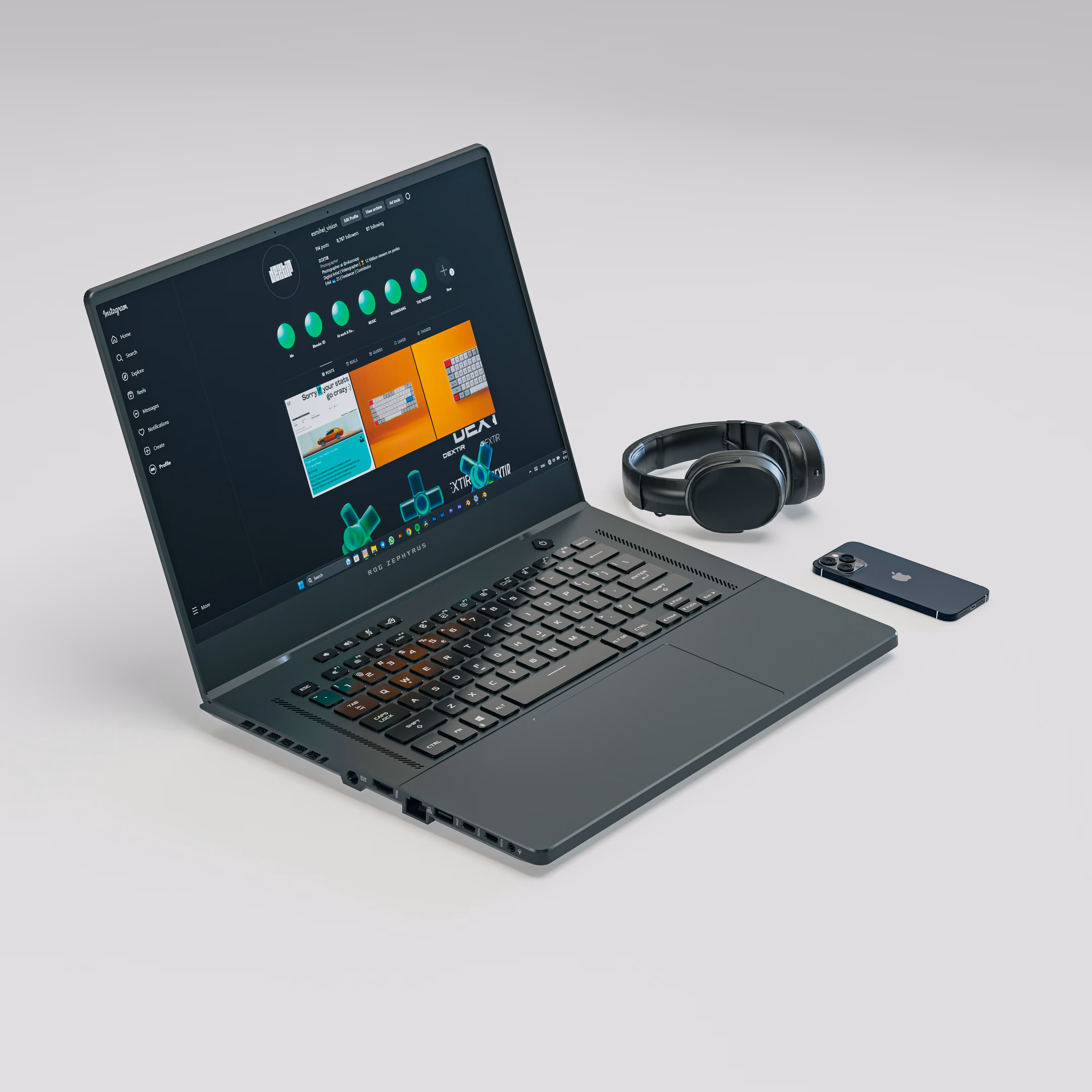Open laptop with Instagram profile on screen, wireless headphones, and a smartphone on white surface.