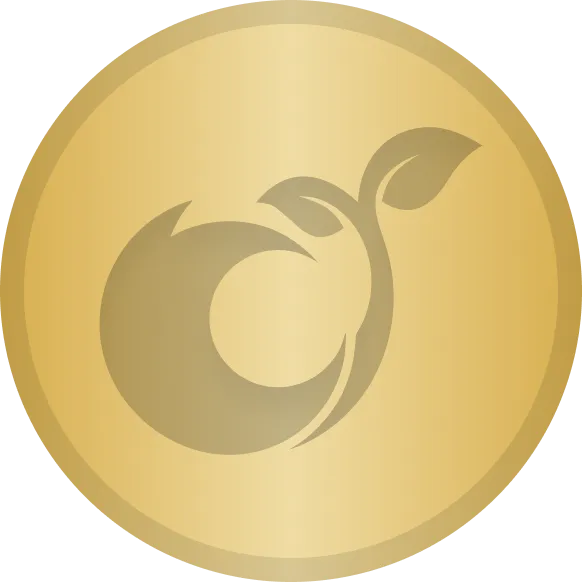 Goldfarbene Münze mit einem stilisierten Blatt- und Kreislogo in der Mitte.