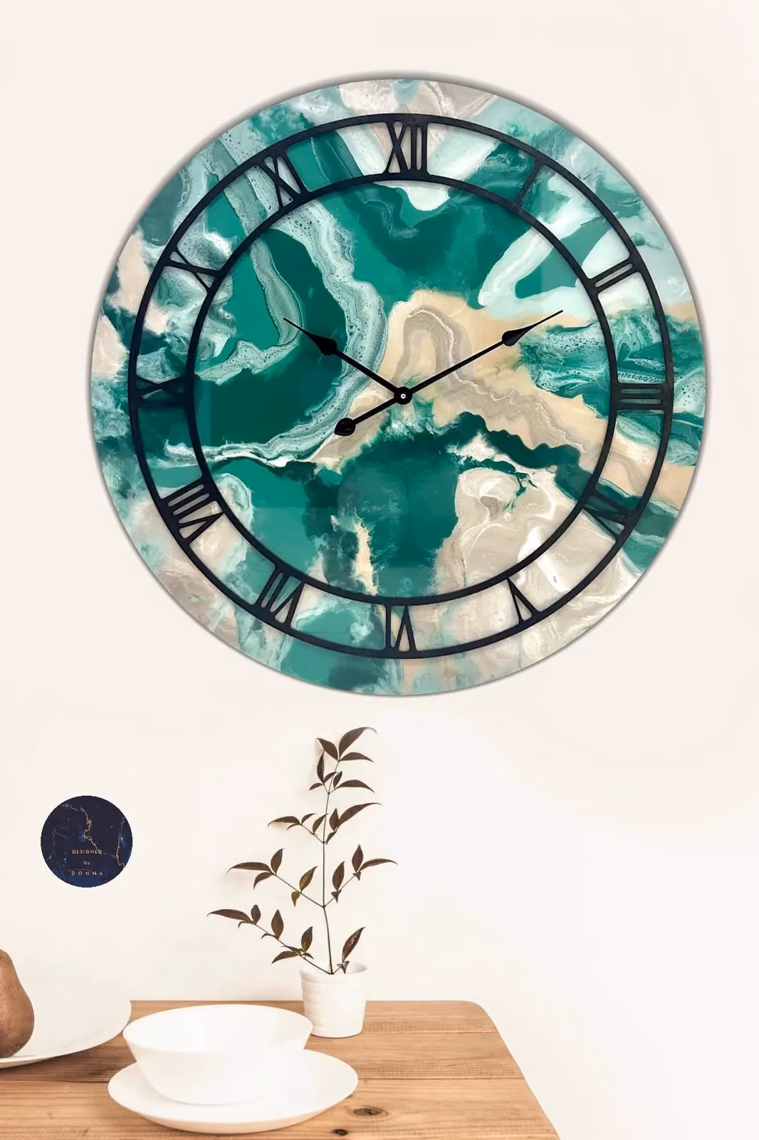 Resin wall clock by Donna Pace in deep green and teal with gold veining