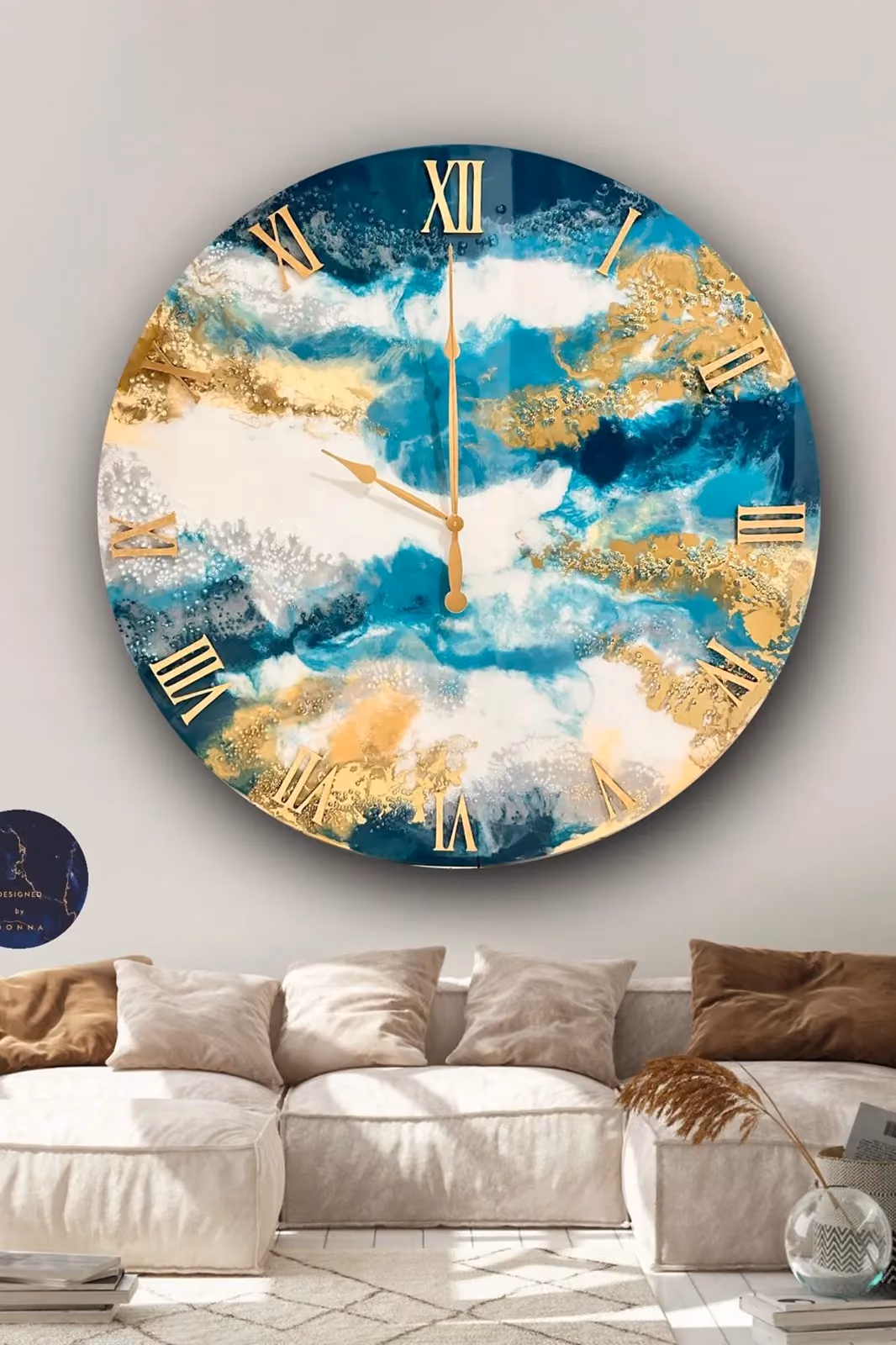 Resin wall clock by Donna Pace in turquoise, cream and gold
