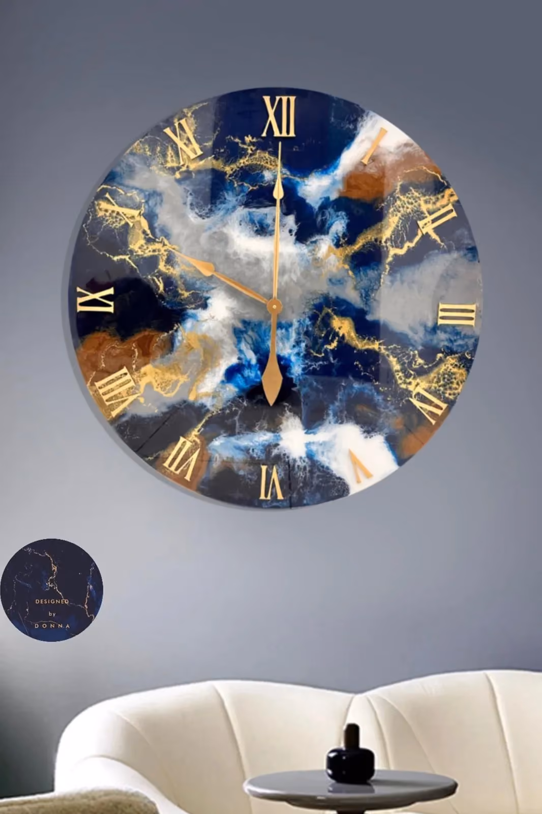 Resin wall clock by Donna Pace in navy, white and gold