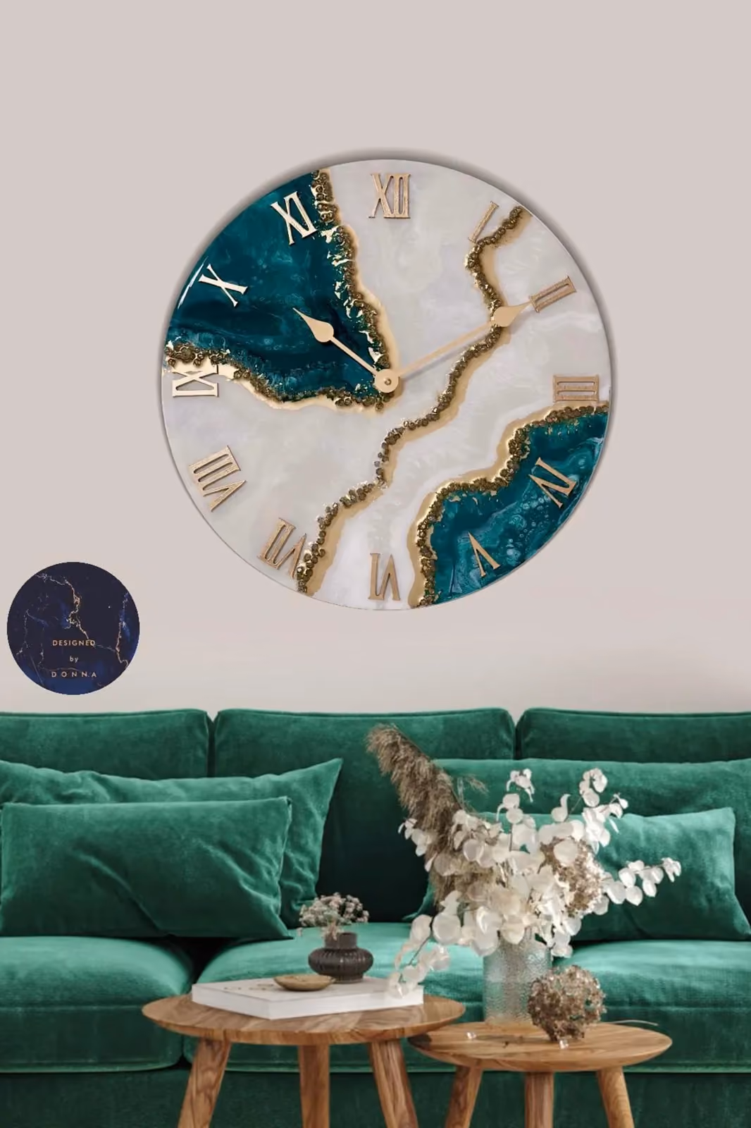 Resin wall clock by Donna Pace in white with teal and gold veins