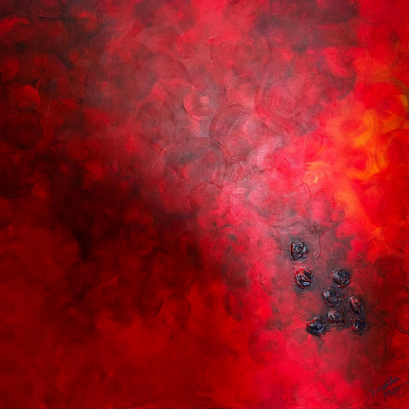 Fierce by Donna Pace, layers of deep red with subtle blue roses in the lower corner