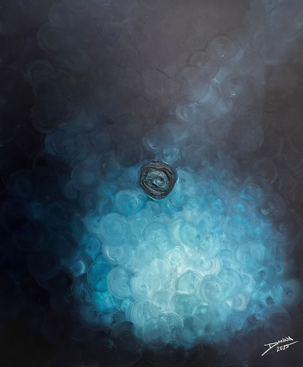 Devotion by Donna Pace, deep blue tones around a single textured rose at the centre