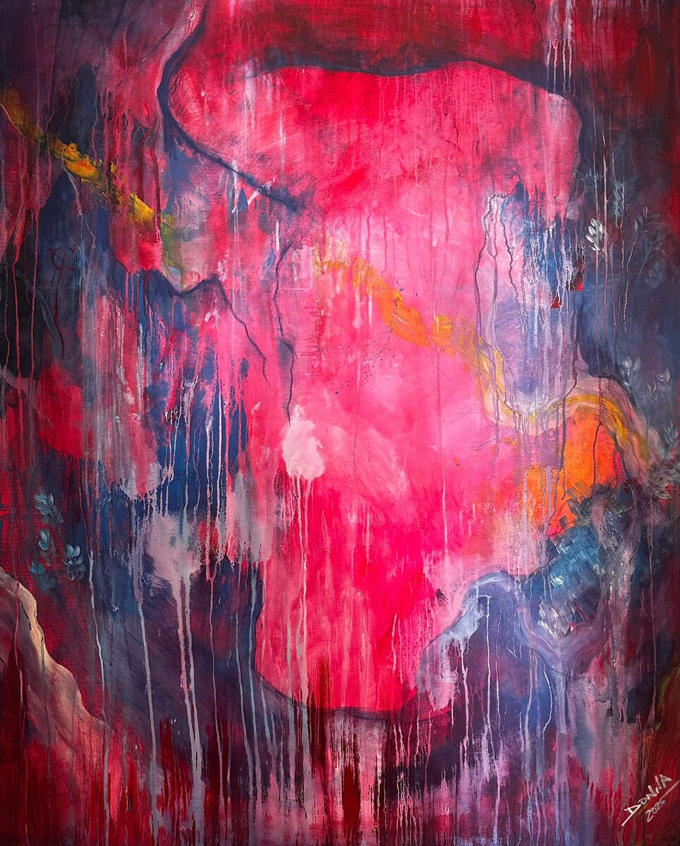 Between Play and Becoming by Donna Pace, a vertical abstract painting of vibrant colours and fluid movement over deeper layered tones