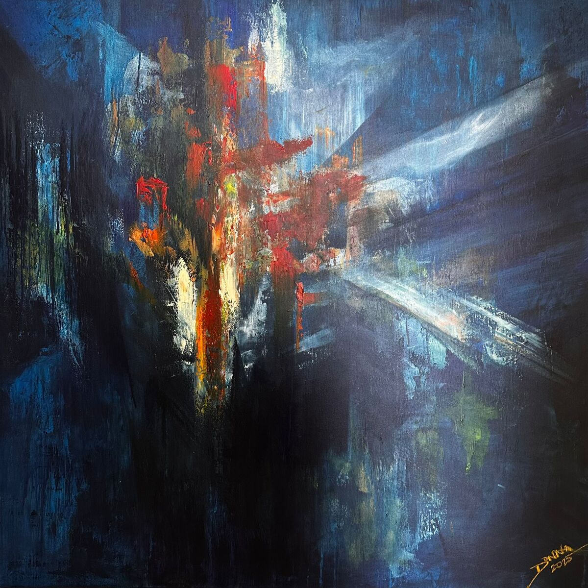 Emergence by Donna Pace, an abstract acrylic painting of dark layered surfaces broken by light moving outward