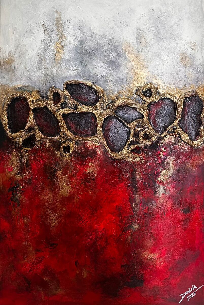Turning Point by Donna Pace, a bold, heavily layered abstract painting that began as a study of water lilies