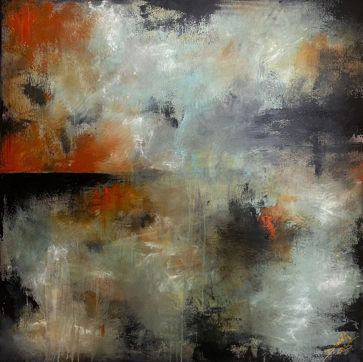 Where Silence Settles by Donna Pace, muted neutrals, charcoal and pale green with hints of burnt orange