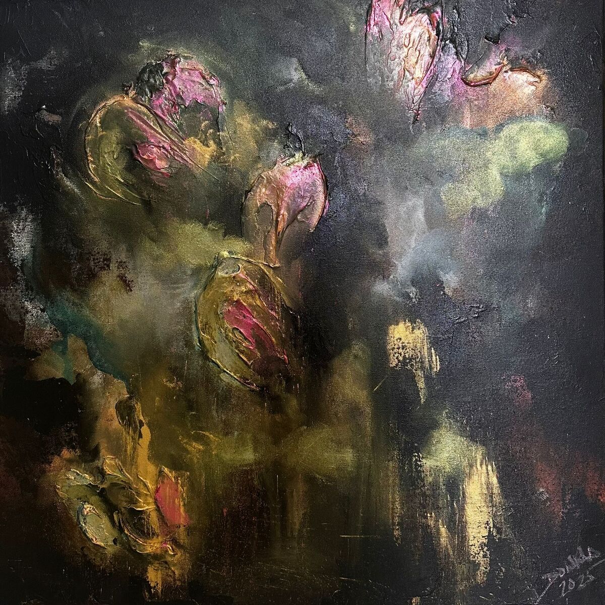 Wild Abandon by Donna Pace, a triptych of three panels with cascading deep browns and metallic pigments