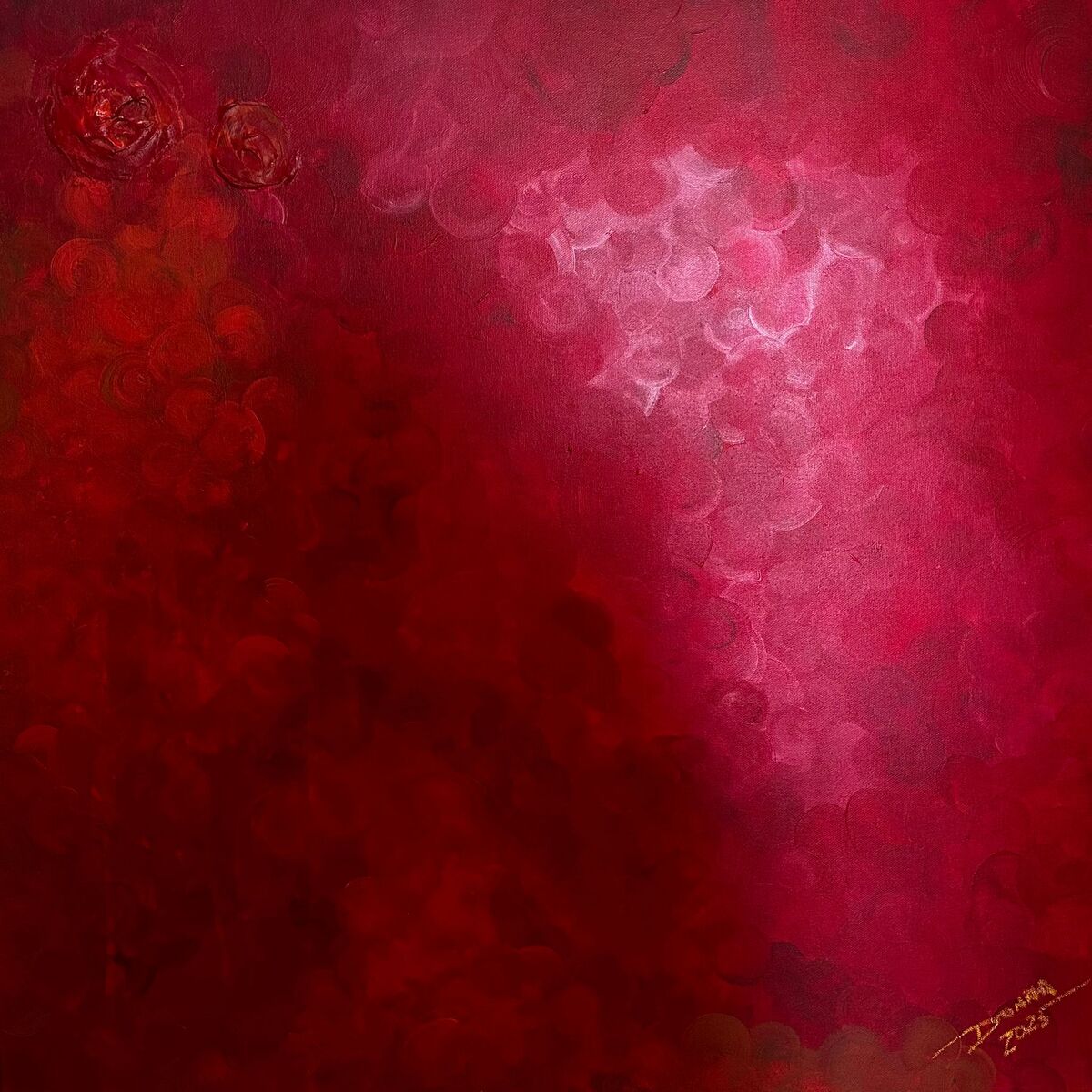 Tender by Donna Pace, soft red and muted pink layers with two textured roses in the upper corner