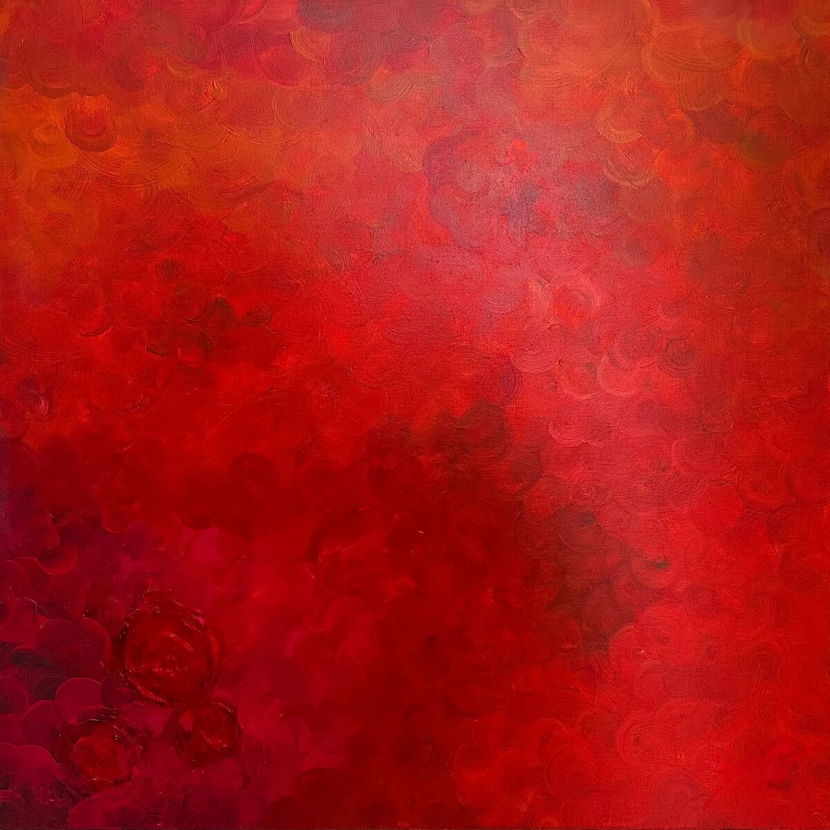 Longing by Donna Pace, deep red dissolving into warm orange with three textured roses in the lower corner