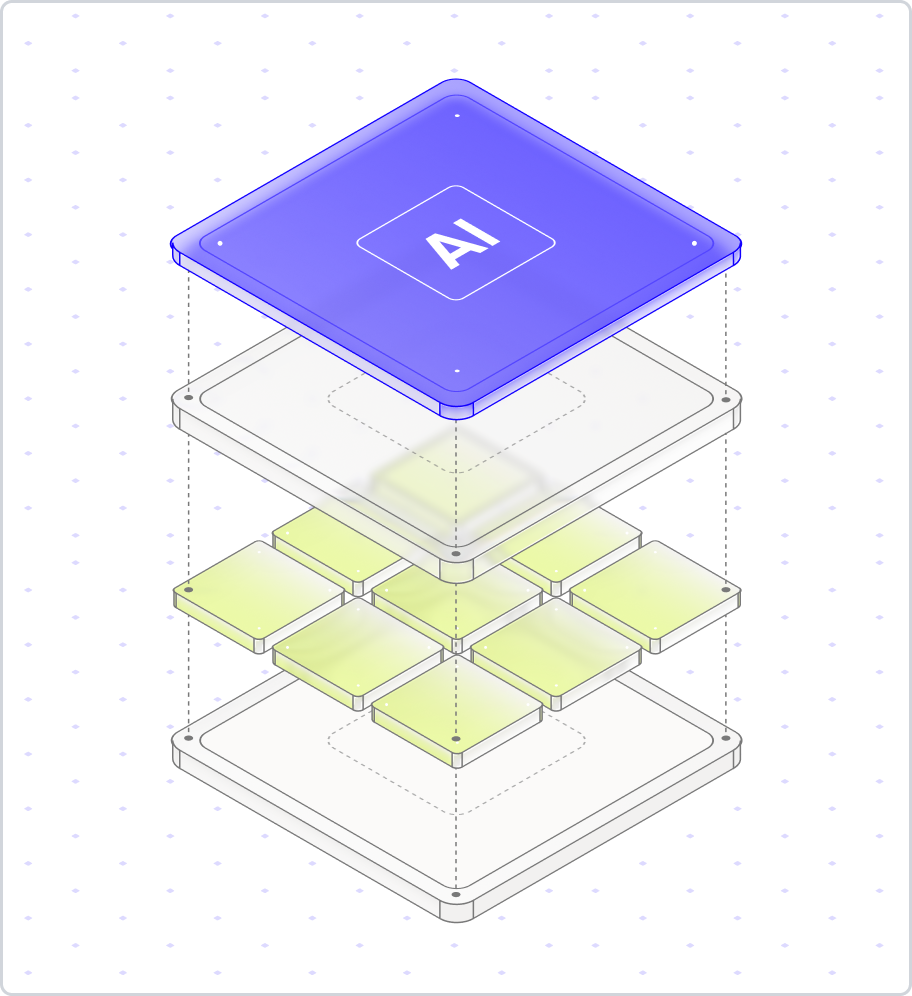 Isometric illustration of the Clarity AI context layer stacking above the raw data layer