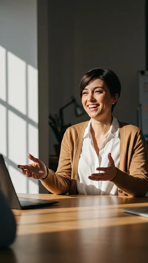 Smiling woman in white shirt and brown cardigan gesturing while talking at a sunlit office desk.