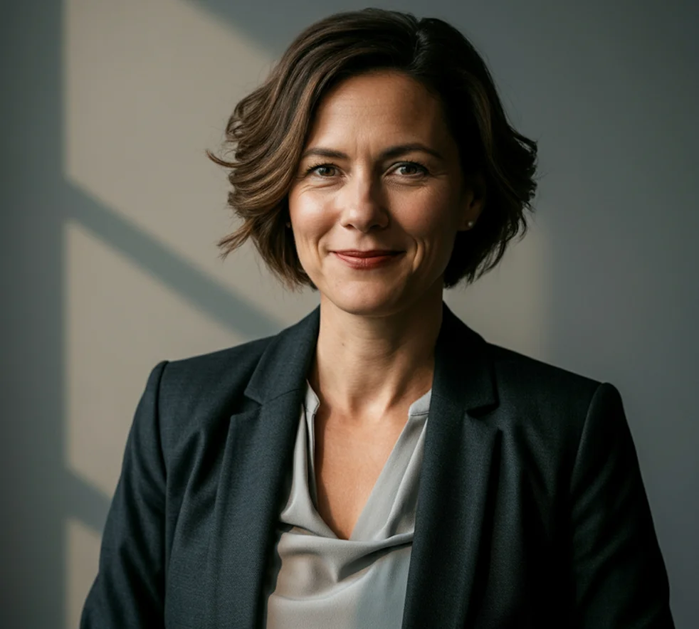 Professional woman with short wavy hair wearing a dark blazer and light blouse smiling at the camera.