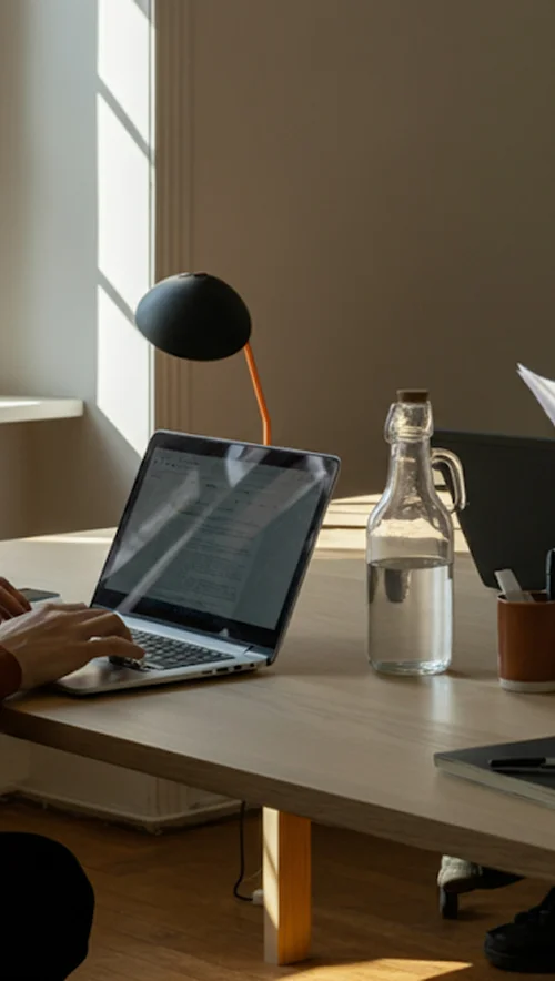 Person typing on laptop at desk with glass water bottle and black desk lamp in natural light.