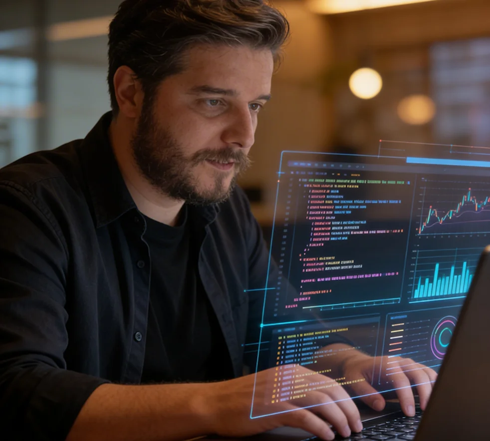 Man with beard typing on a laptop with digital charts and code overlays on screen.