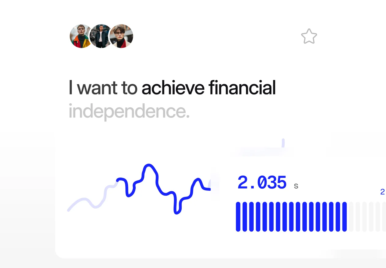 Text stating I want to achieve financial independence with user profile icons and a blue waveform graph.