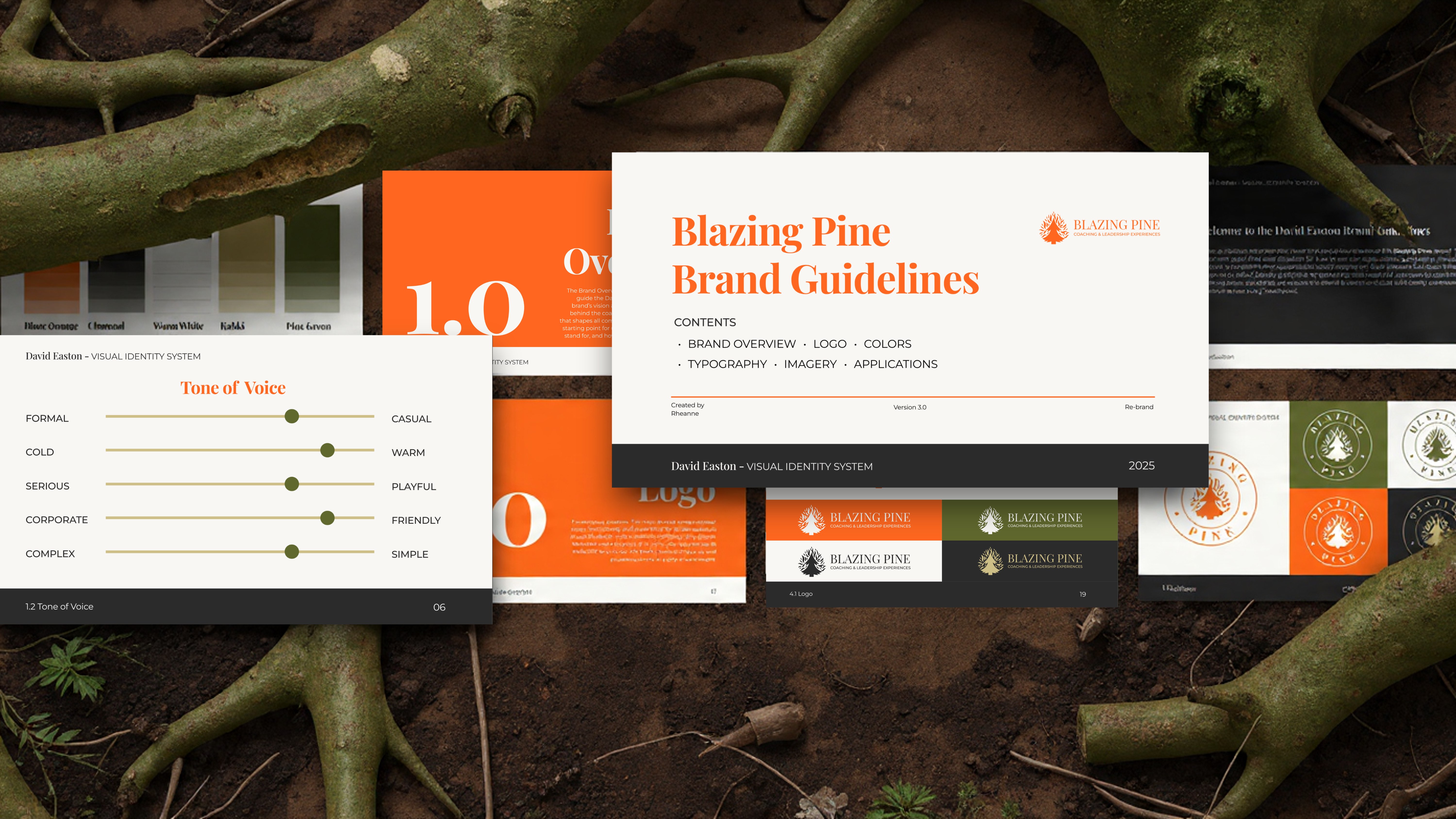 Blazing Pine brand guidelines and tone of voice details displayed on natural soil with branches background.
