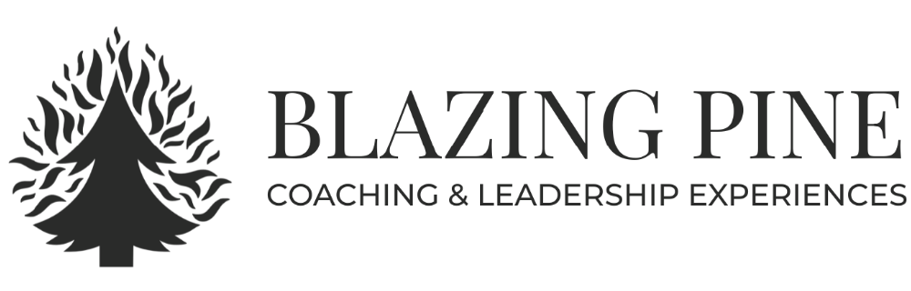 Blazing Pine Coaching & Leadership Experiences logo with a stylized pine tree flame icon.