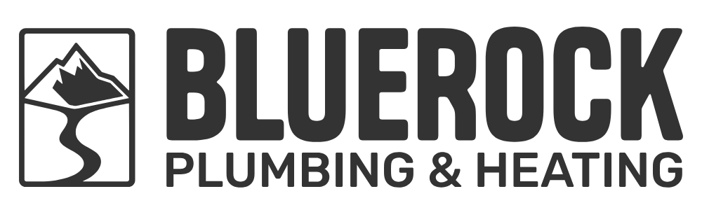 BLUEROCK Plumbing & Heating logo with mountain and river icon inside a rectangle.