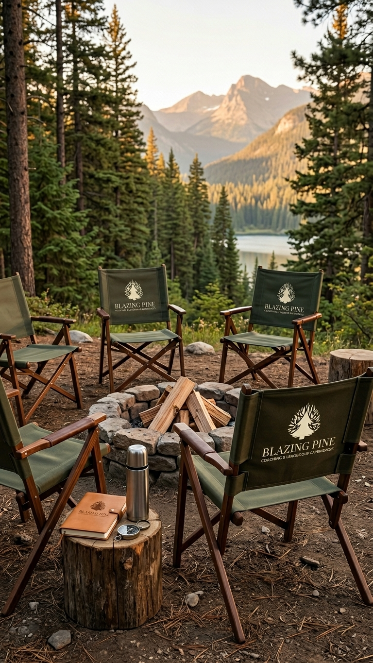 Camping chairs surrounding a stone fire pit in a forested mountain area near a lake at sunset.