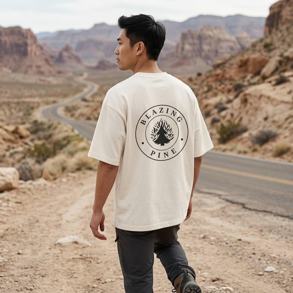 Person walking on desert road wearing a white shirt with a 'Blazing Pine' logo on the back.