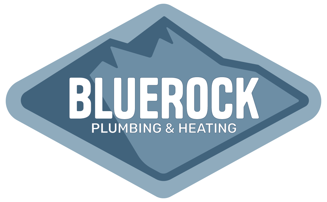 BlueRock Plumbing & Heating logo with mountain silhouette in a diamond shape.