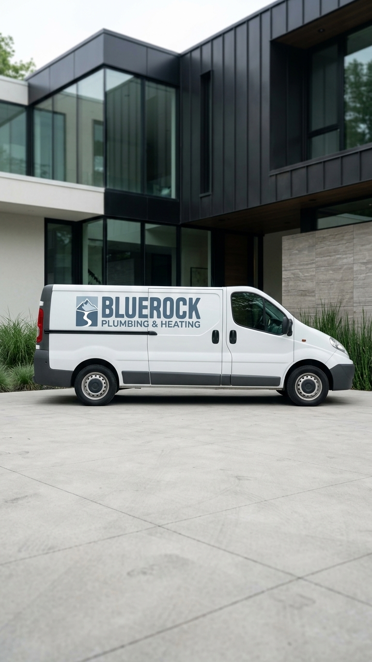 White van with BLUEROCK Plumbing & Heating logo parked in front of modern glass and black building.